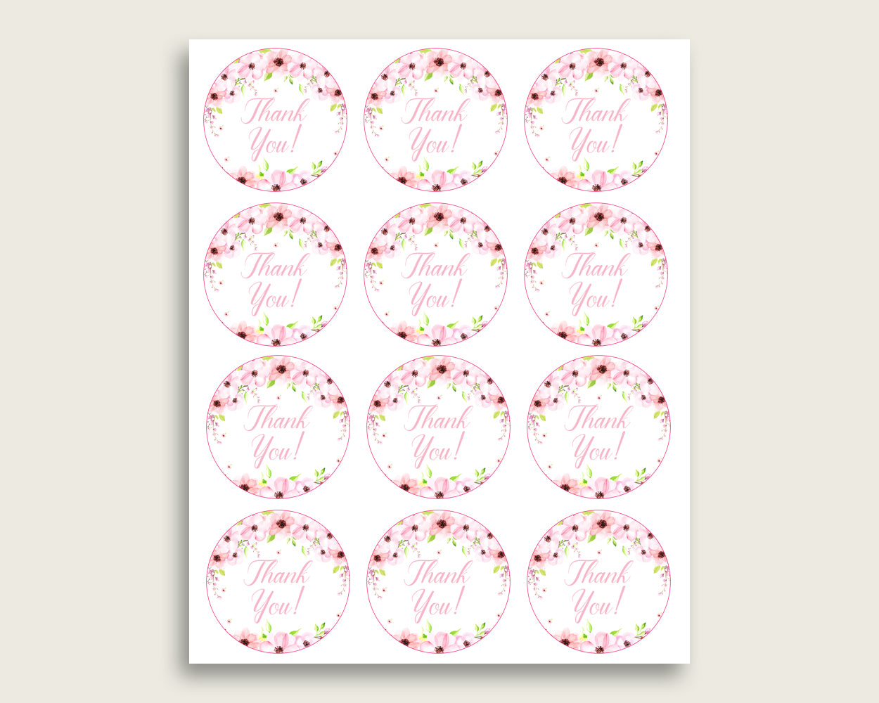 Flower Blush Baby Shower Round Thank You Tags 2 inch Printable, Pink Green Favor Gift Tags, Girl Shower Hang Tags Labels, Digital File VH1KL