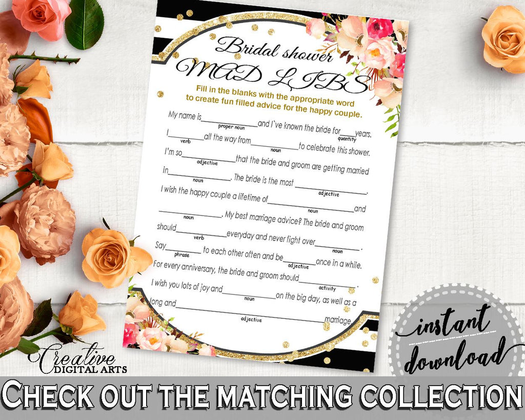 Flower Bouquet Black Stripes Bridal Shower Mad Libs Game in Black And Gold, noun, classic shower, party theme, customizable files - QMK20 - Digital Product
