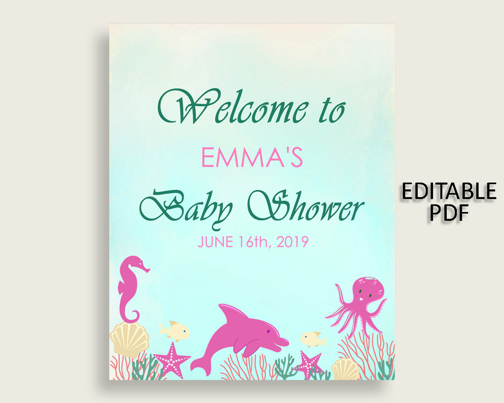 Welcome Sign Baby Shower Welcome Sign Under The Sea Baby Shower Welcome Sign Baby Shower Under The Sea Welcome Sign Pink Green uts01