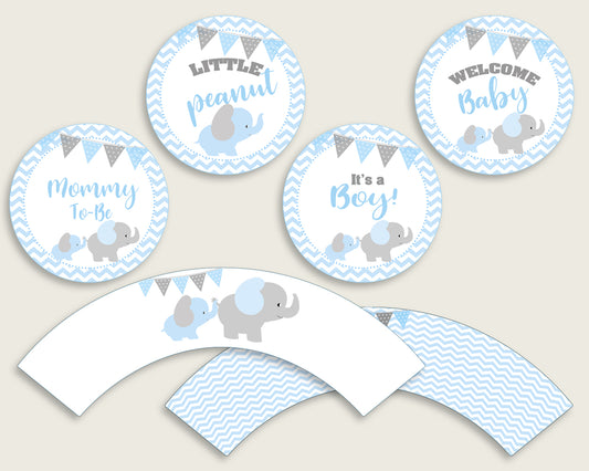 Elephant Cupcake Toppers, Blue Grey Cupcake Wrappers, Toppers Wrappers Baby Shower Boy, Instant Download, Mammoth Trunk Chevron Theme ebl02