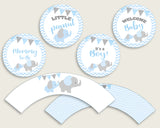 Elephant Cupcake Toppers, Blue Grey Cupcake Wrappers, Toppers Wrappers Baby Shower Boy, Instant Download, Mammoth Trunk Chevron Theme ebl02