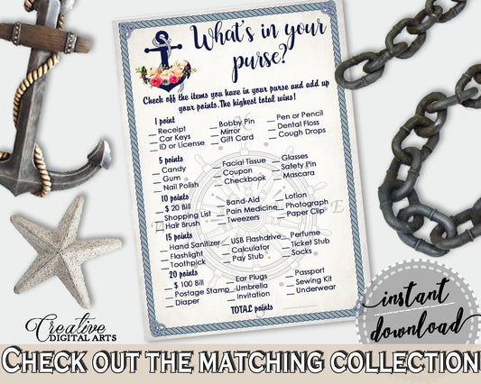 What's In Your Purse Game in Nautical Anchor Flowers Bridal Shower Navy Blue Theme, purse contents, sail boat wheel, party plan - 87BSZ - Digital Product
