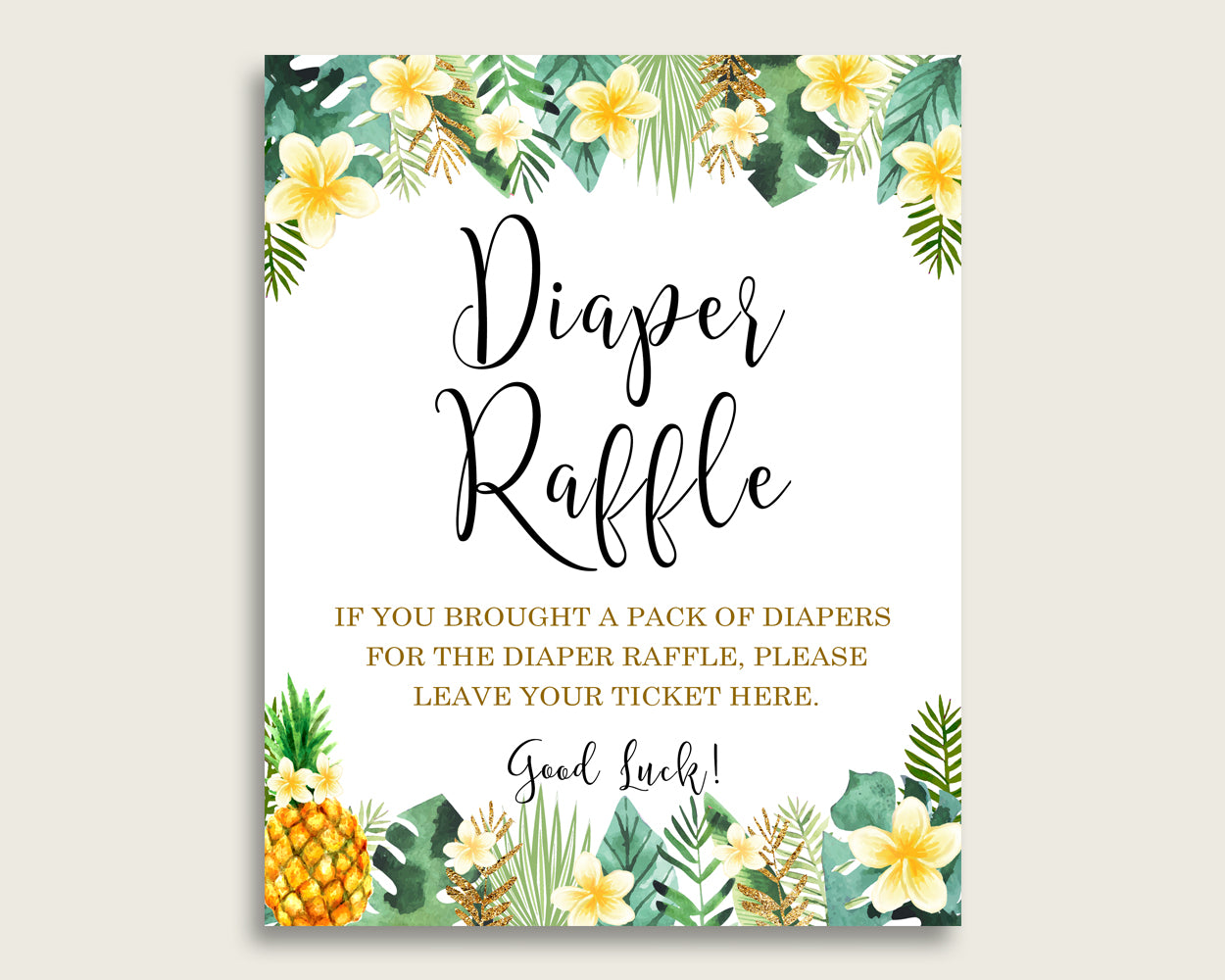 Tropical Baby Shower Diaper Raffle Tickets Game, Gender Neutral Green Yellow Diaper Raffle Card Insert and Sign Printable, Instant 4N0VK