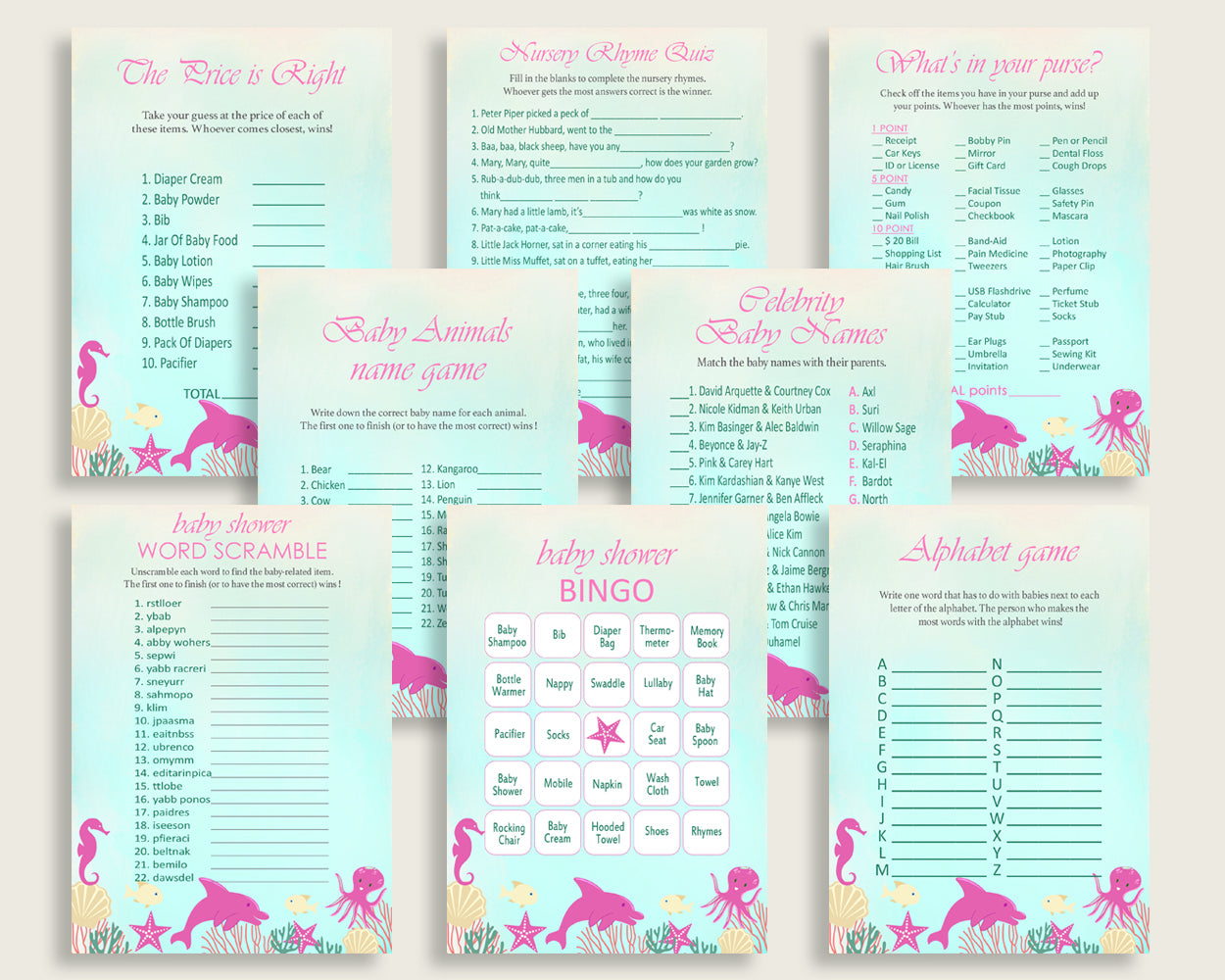 Under The Sea Baby Shower Games Printable Pack, Pink Green Baby Shower Games Package Girl, Under The Sea Games Bundle Set, Instant uts01