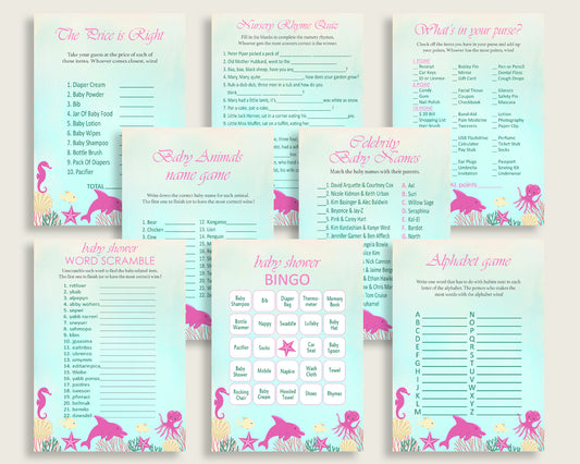 Under The Sea Baby Shower Games Printable Pack, Pink Green Baby Shower Games Package Girl, Under The Sea Games Bundle Set, Instant uts01