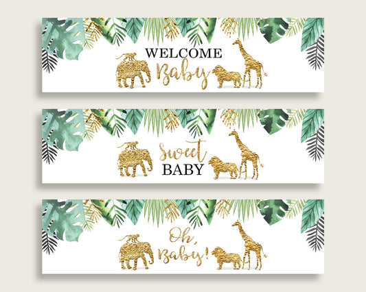 Gold Green Water Bottle Labels Printable, Jungle Water Bottle Wraps, Jungle Baby Shower Gender Neutral Bottle Wrappers, Instant EJRED