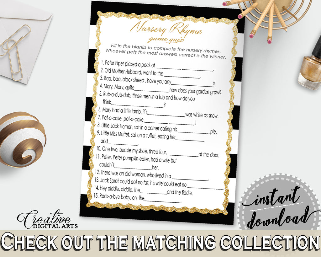 Baby Shower NURSERY RHYME QUIZ game with black white stripes color theme printable, glitter gold, digital files, instant download - bs001