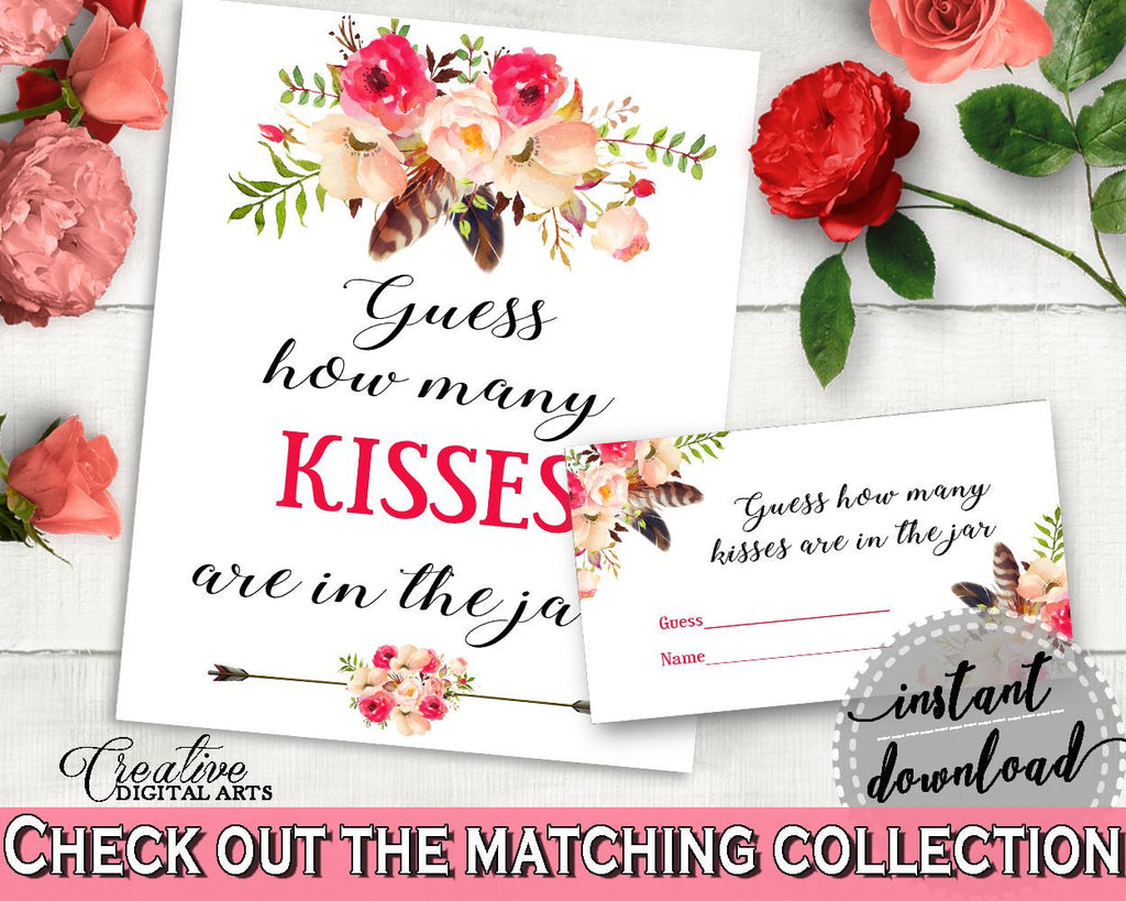 Pink And Red Bohemian Flowers Bridal Shower Theme: Guess How Many Kisses Game - presume game, beautiful bridal, party organization - 06D7T - Digital Product