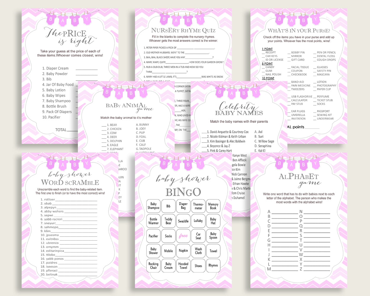 Chevron Baby Shower Games Printable Pack, Pink White Baby Shower Games Package Girl, Chevron Games Bundle Set, Instant Download, cp001