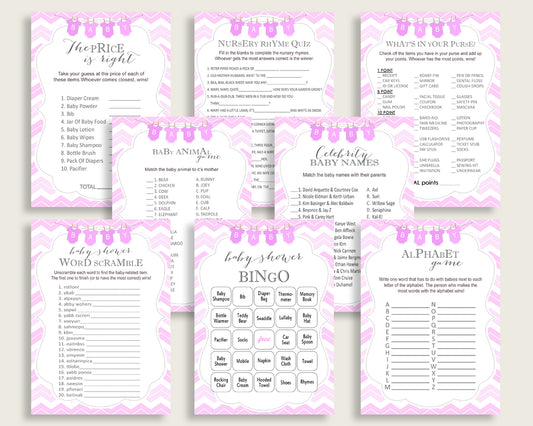 Chevron Baby Shower Games Printable Pack, Pink White Baby Shower Games Package Girl, Chevron Games Bundle Set, Instant Download, cp001