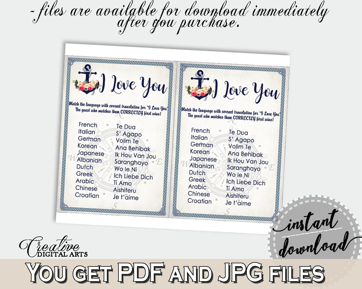 I Love You Game in Nautical Anchor Flowers Bridal Shower Navy Blue Theme, love you languages, bridal shower style, party stuff - 87BSZ - Digital Product