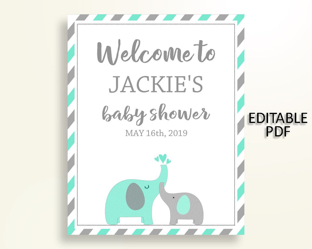 Welcome Sign Baby Shower Welcome Sign Turquoise Baby Shower Welcome Sign Baby Shower Elephant Welcome Sign Green Gray party ideas 5DMNH - Digital Product