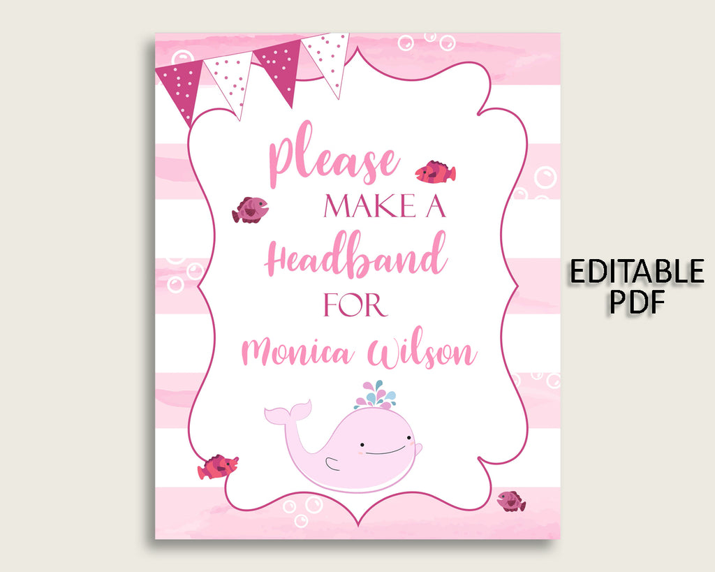 Pink Whale Baby Shower Headband Sign, Pink White Headband Station Sign Editable, Girl Shower Headband For Baby, Instant Download, wbl02