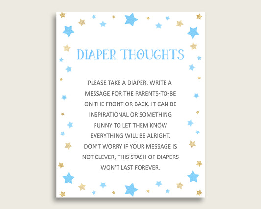 Stars Baby Shower Diaper Thoughts Printable, Boy Blue Gold Late Night Diaper Sign, Words For Wee Hours, Write On Diaper Message, Sign bsr01