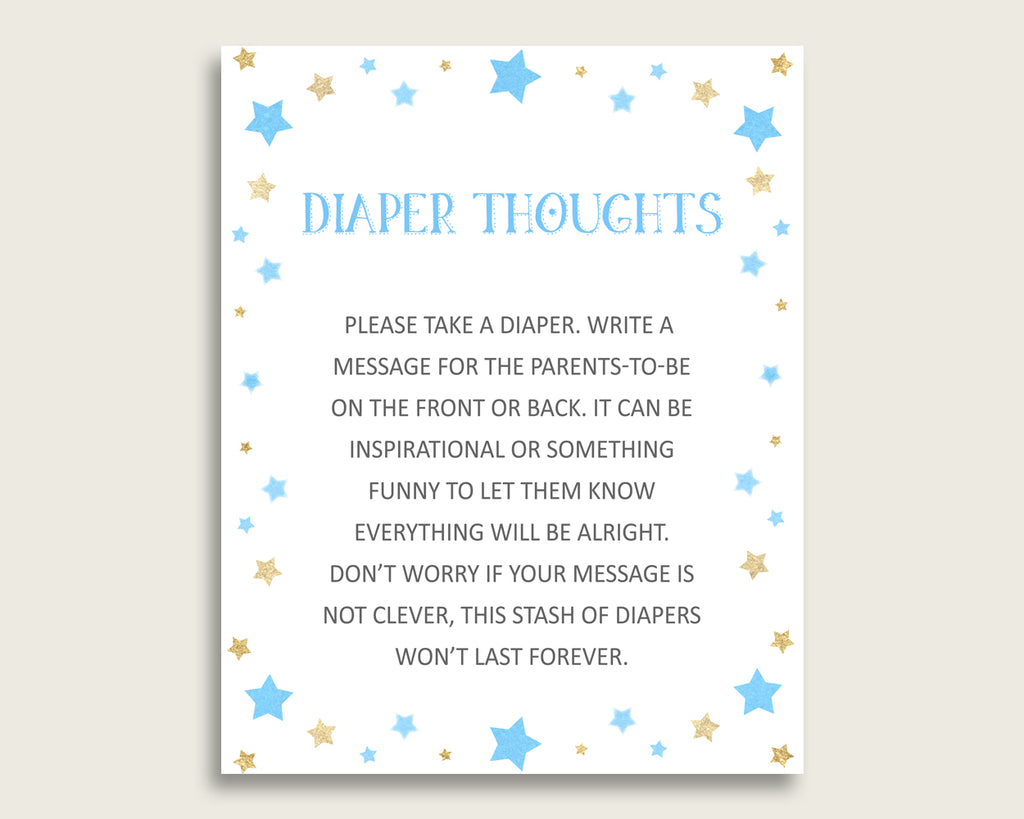 Stars Baby Shower Diaper Thoughts Printable, Boy Blue Gold Late Night Diaper Sign, Words For Wee Hours, Write On Diaper Message, Sign bsr01