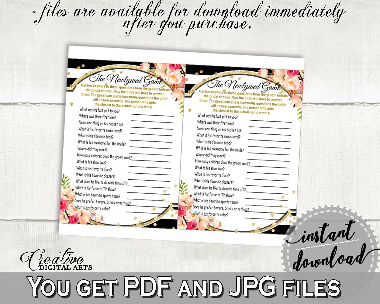 The Newlywed Game in Flower Bouquet Black Stripes Bridal Shower Black And Gold Theme, who knows bride best, party ideas, prints - QMK20 - Digital Product