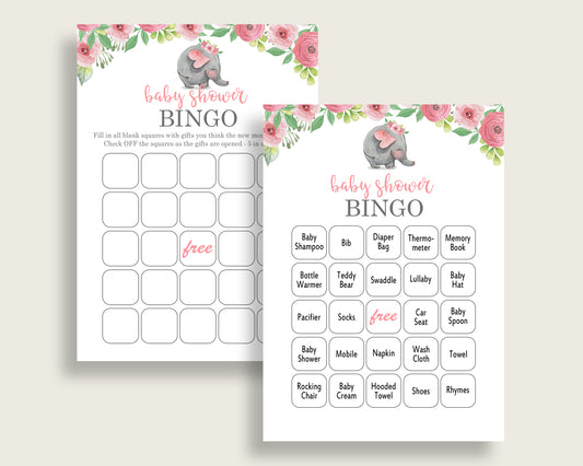 Pink Elephant Baby Shower Bingo Cards Printable, Pink Grey Baby Shower Girl, 60 Prefilled Bingo Game Cards, Mammoth Safari Theme ep001