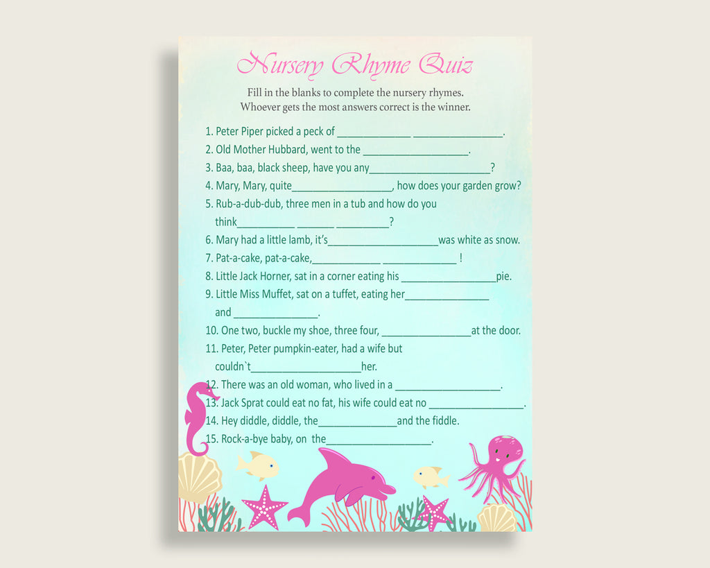 Under The Sea Nursery Rhyme Quiz Printable, Pink Green Nursery Rhyme Game, Pink Green Baby Shower Girl Activities, Instant Download, uts01