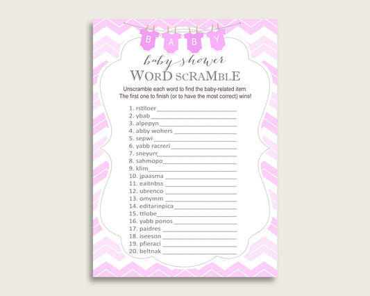 Girl Baby Shower Word Scramble Game Printable, Cute Chevron Pink White Word Scramble, Funny Activity, Instant Download, Light Pink cp001