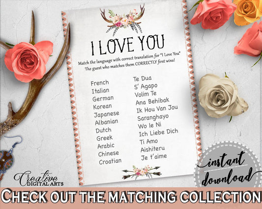 I Love You Game in Antlers Flowers Bohemian Bridal Shower Gray and Pink Theme, love you languages, grey bridal shower, party stuff - MVR4R - Digital Product