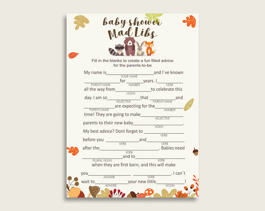 Brown Beige Mad Libs Baby Shower Gender Neutral Game Printable, Woodland Mad Libs Fun Activity, DIY digital file, Racoon Fox Rabbit w0001