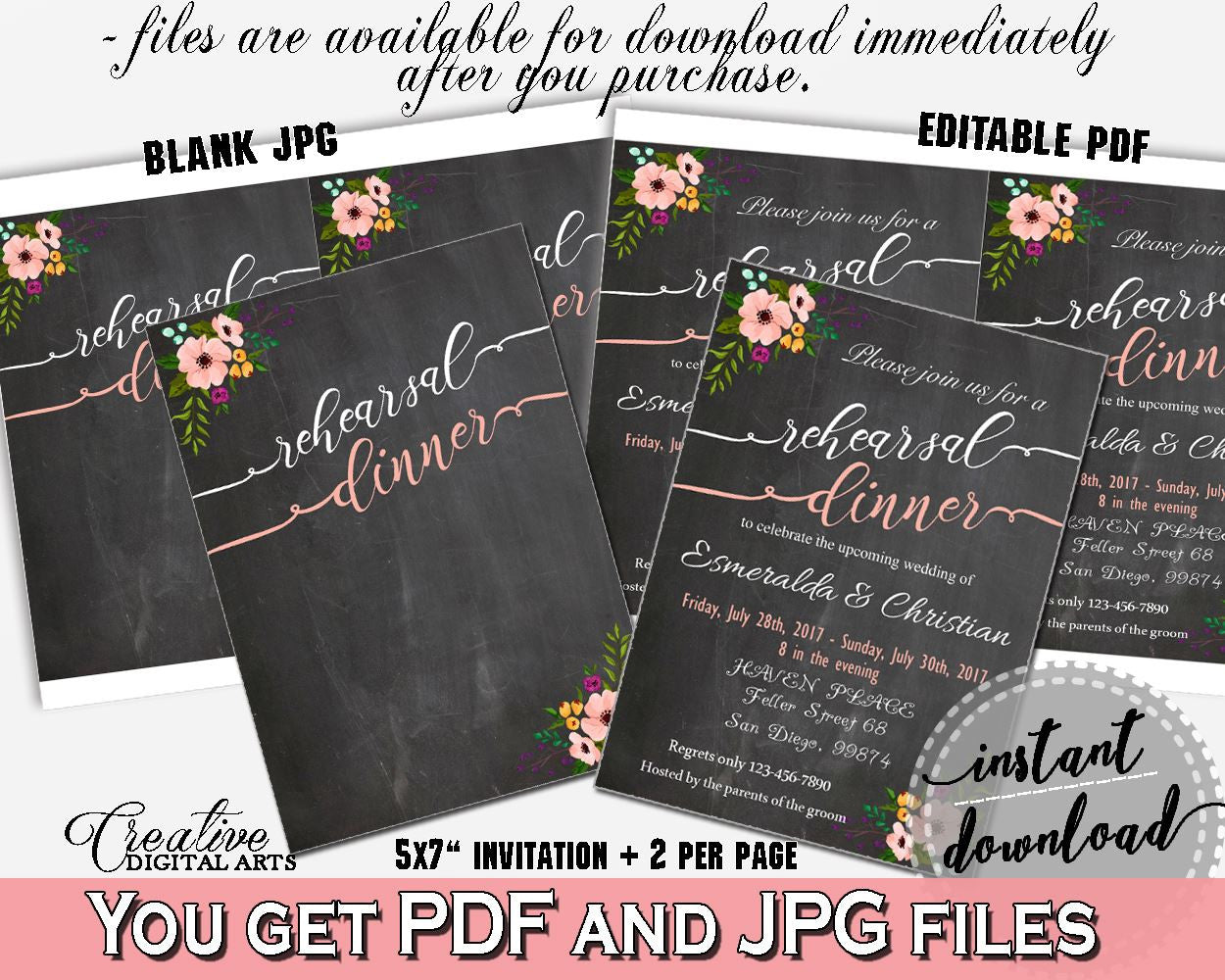 Rehearsal Dinner Invitation Editable in Chalkboard Flowers Bridal Shower Black And Pink Theme, diy rehearsal invite, prints - RBZRX - Digital Product