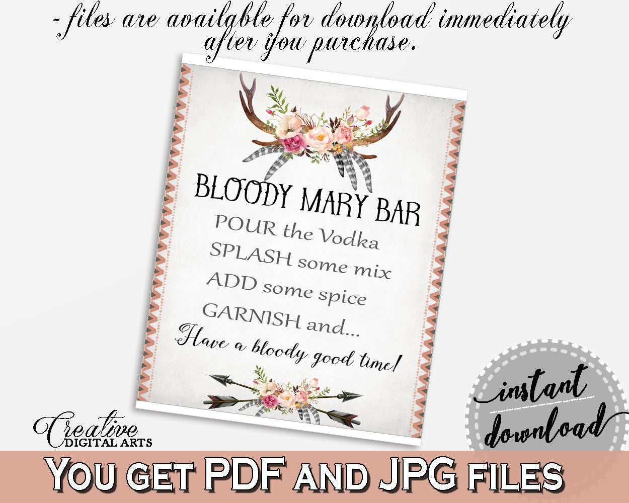 Bloody Mary Bar Sign in Antlers Flowers Bohemian Bridal Shower Gray and Pink Theme, vodka mix, boho floral, party plan, party stuff - MVR4R - Digital Product