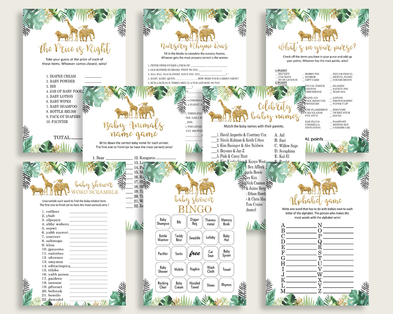 Jungle Baby Shower Games Printable Pack, Gold Green Baby Shower Games Package Gender Neutral, Jungle Games Bundle Set, Instant EJRED