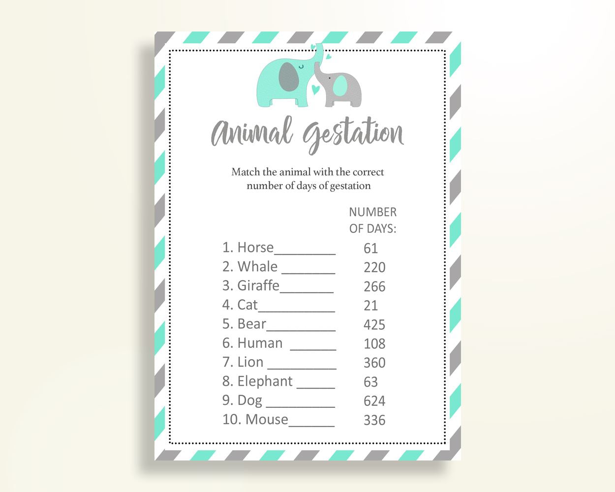 Animal Gestation Baby Shower Animal Gestation Turquoise Baby Shower Animal Gestation Baby Shower Elephant Animal Gestation Green Gray 5DMNH - Digital Product