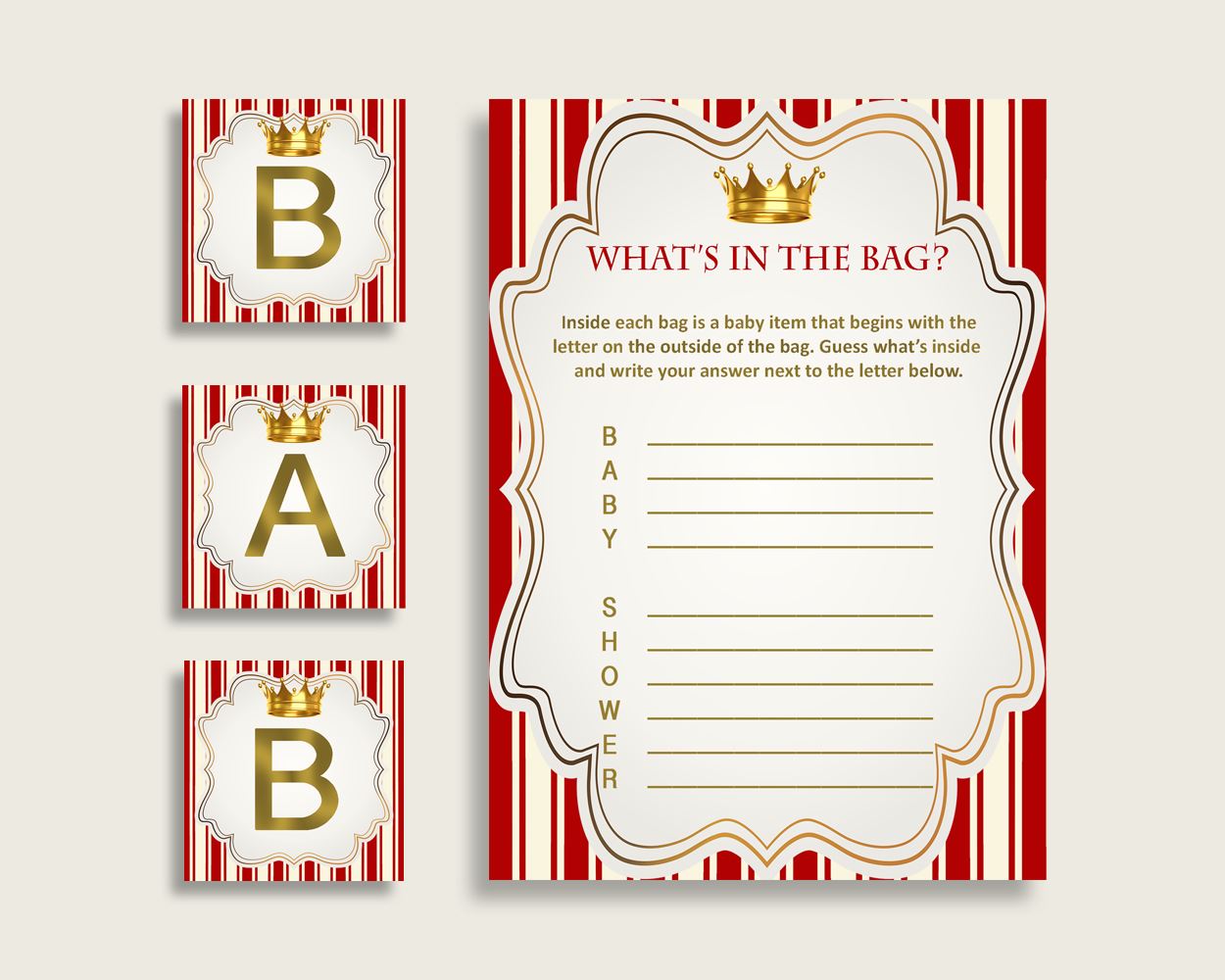 Prince Baby Shower What's In The Bag Game, Red Gold Boy Bag Game Printable, Instant Download, Most Popular Little Prince Crown 92EDX