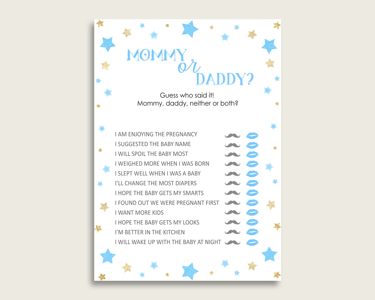 Blue Gold Mommy Or Daddy Baby Shower Boy Game Printable, Stars Guess Who Said It, He Said She Said, Instant Download, Most Popular, bsr01