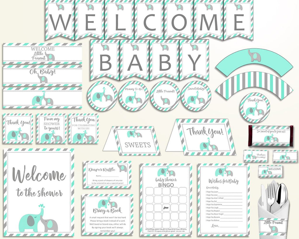 Decorations Baby Shower Decorations Turquoise Baby Shower Decorations Baby Shower Elephant Decorations Green Gray party plan prints 5DMNH - Digital Product