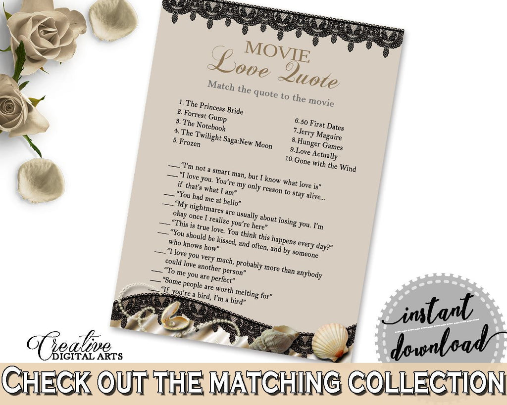 Movie Love Quote Game in Seashells And Pearls Bridal Shower Brown And Beige Theme, chick flick game, beige bridal, party décor - 65924 - Digital Product