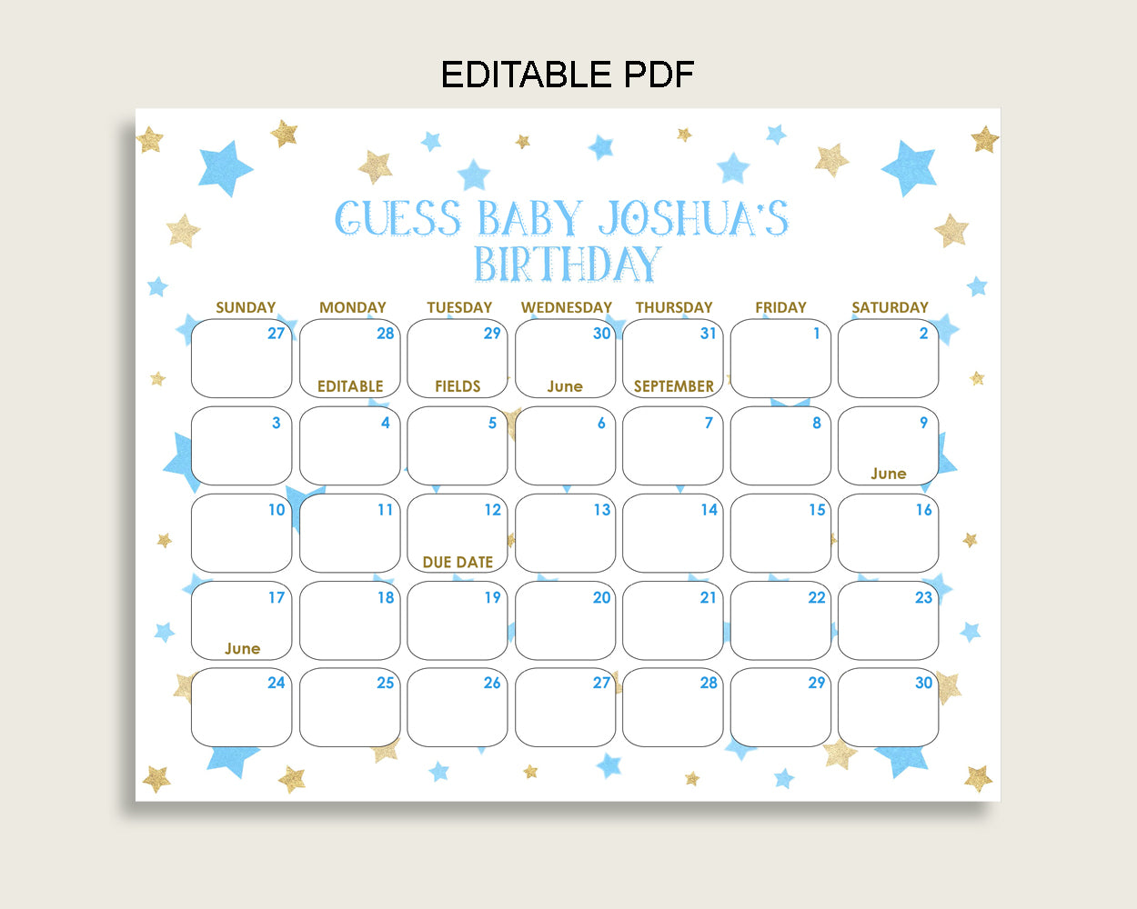 Blue Gold Guess Baby Due Date Calendar Game Printable, Stars Baby Shower Boy Birthday Prediction Calendar Editable, Instant Download bsr01