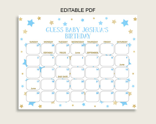 Blue Gold Guess Baby Due Date Calendar Game Printable, Stars Baby Shower Boy Birthday Prediction Calendar Editable, Instant Download bsr01