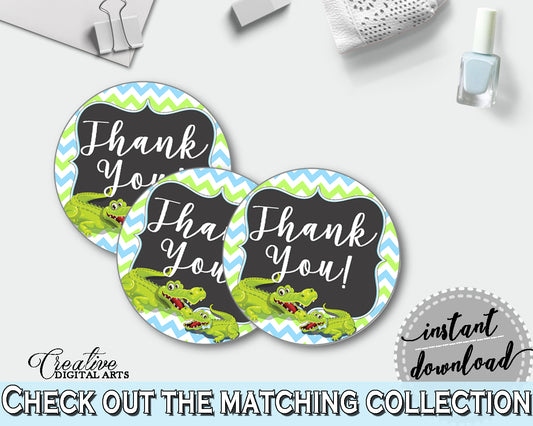 Baby shower THANK YOU round tag or sticker printable with green alligator and blue color theme for boy, instant download - ap002