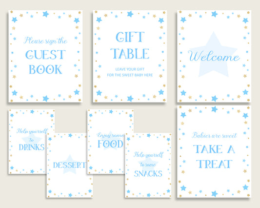 Stars Baby Shower Boy Table Signs Printable, Blue Gold Party Table Decor, Favors, Food, Drink, Treat, Guest Book, Instant Download, bsr01