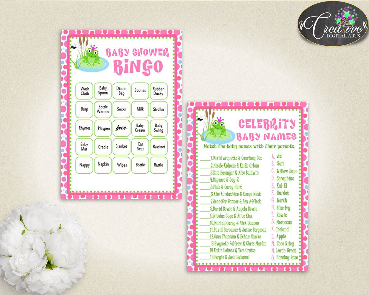 Frog Baby Shower Games, girl baby shower games, baby shower games printable, pink dots games, jpg pdf, digital, Instant Download - bsf01 - Digital Product