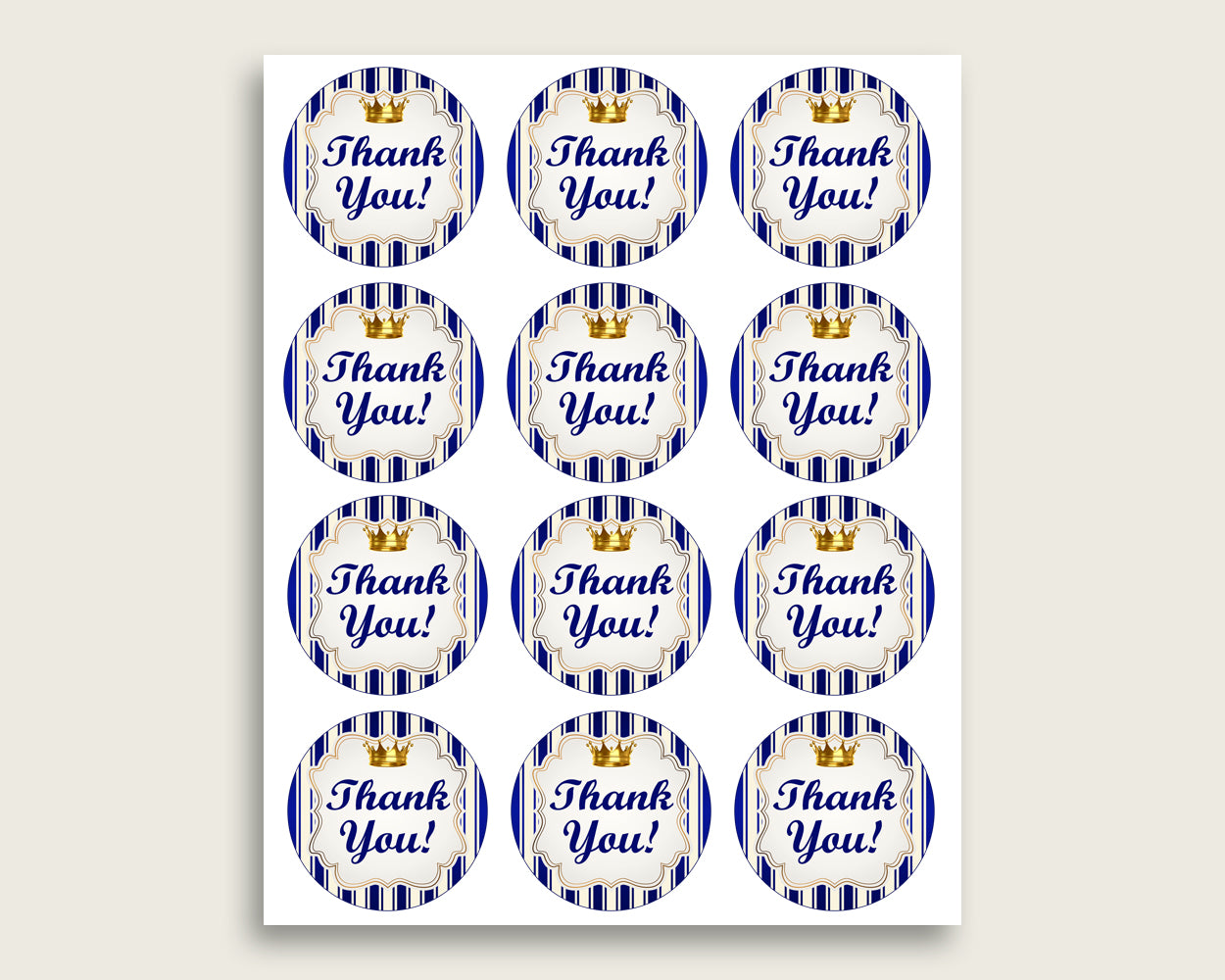 Royal Prince Baby Shower Round Thank You Tags 2 inch Printable, Blue Gold Favor Gift Tags, Boy Shower Hang Tags Labels, Digital File rp001