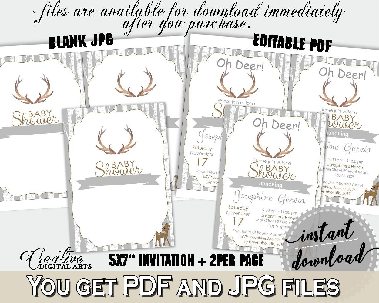 Invitation Baby Shower Invitation Deer Baby Shower Invitation Baby Shower Deer Invitation Gray Brown printables, prints, pdf jpg Z20R3 - Digital Product