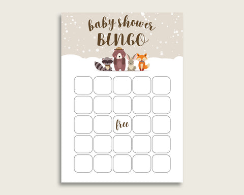 Beige Brown Baby Shower Bingo Blank Game Printable, Winter Woodland Baby Shower Gender Neutral Bingo Blank Cards, Bingo Gift Opening RM4SN