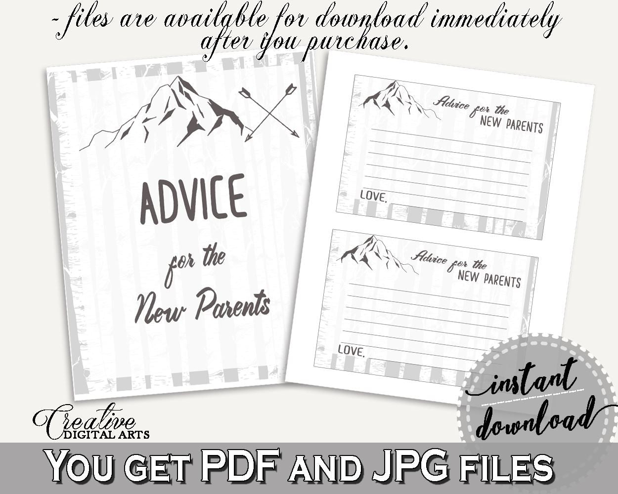 Advice Cards Baby Shower Advice Cards Adventure Mountain Baby Shower Advice Cards Gray White Baby Shower Adventure Mountain Advice S67CJ - Digital Product