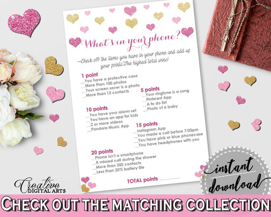 What's In Your Phone Game in Glitter Hearts Bridal Shower Gold And Pink Theme, phone shower game,  affection shower, shower activity - WEE0X - Digital Product