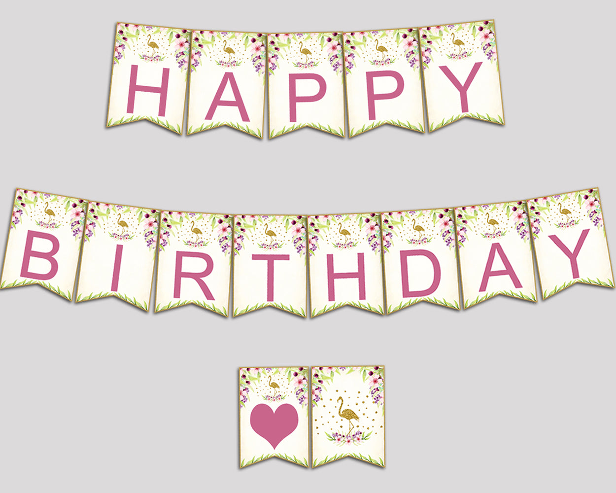 Flamingo Happy Birthday Banner, Glitter Birthday Party Banner, Printable Gold Green Banner Letters for Girl, P3SIV