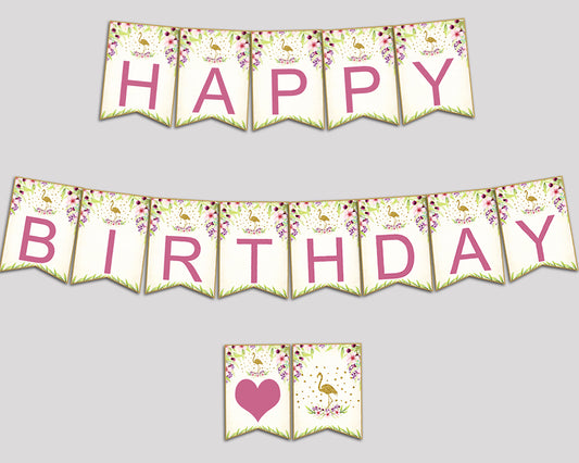 Flamingo Happy Birthday Banner, Glitter Birthday Party Banner, Printable Gold Green Banner Letters for Girl, P3SIV