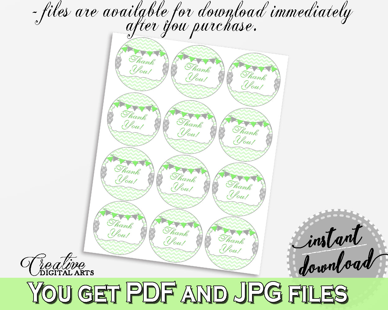 Baby shower THANK YOU round tag or sticker printable with chevron green theme, digital Pdf Jpg, instant download - cgr01