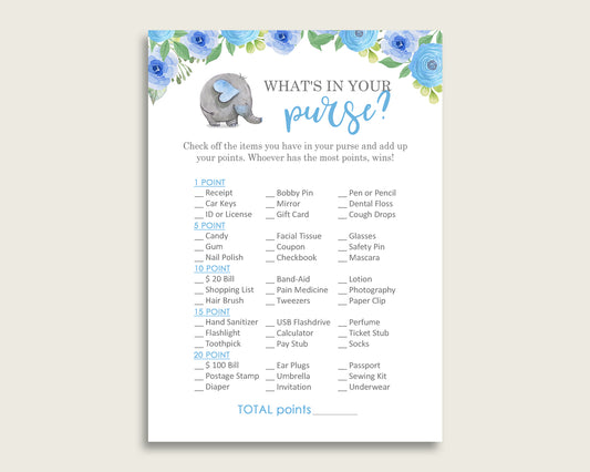 Elephant Blue What's In Your Purse Game Printable, Blue Gray Whats In Your Purse, Boy Baby Shower Purse Game, Instant Download, ebl01