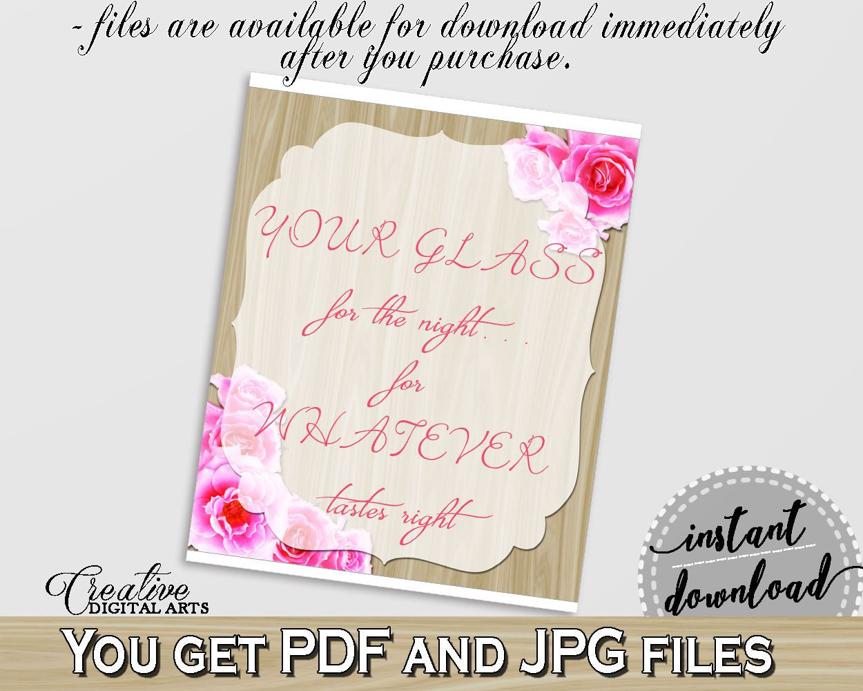 Roses On Wood Bridal Shower Your Glass For The Night Sign in Pink And Beige, bridal glass sign, elegant chic, digital print, prints - B9MAI - Digital Product