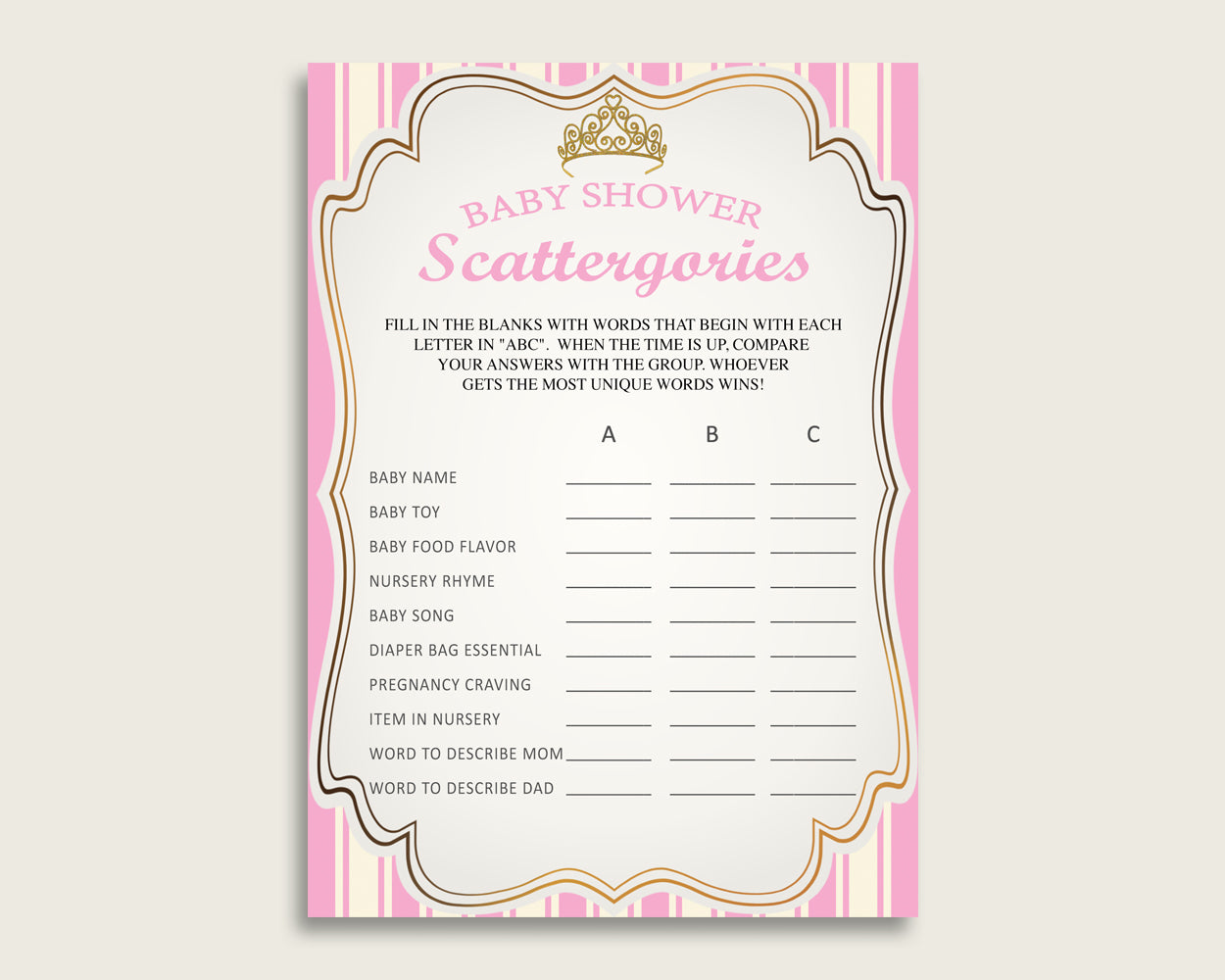 Scattergories Baby Shower Royal Princess Theme, Pink Gold Scattergories Game Printable, Girl Baby Shower Fun Activity, Queen Heiress rp002