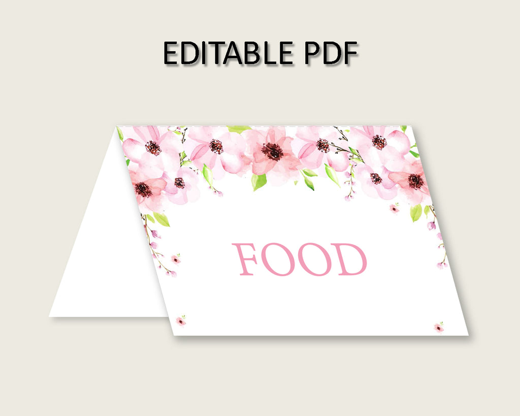 Flower Blush Folded Food Tent Cards Printable, Pink Green Editable Pdf Buffet Labels, Girl Baby Shower Food Place Cards, Instant VH1KL